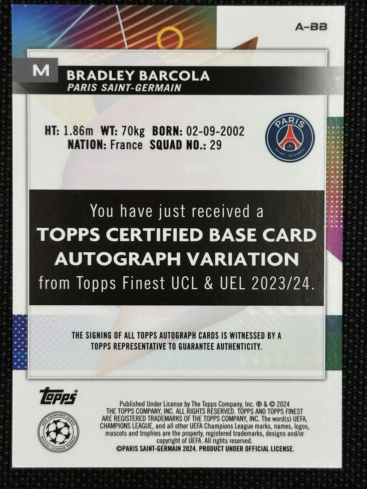 Bradley Barcola Autograph Rookie Topps Finest UCL 2023/24