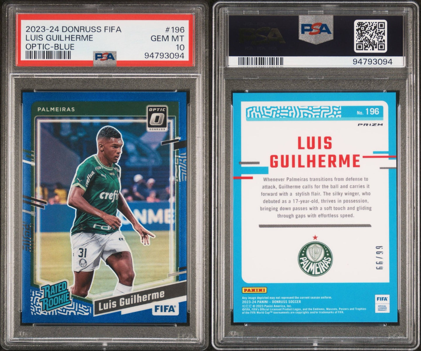 Luis Guilherme Rated Rookie Optic-Blue Donruss FIFA 2023/24 PSA 10 GEM MT