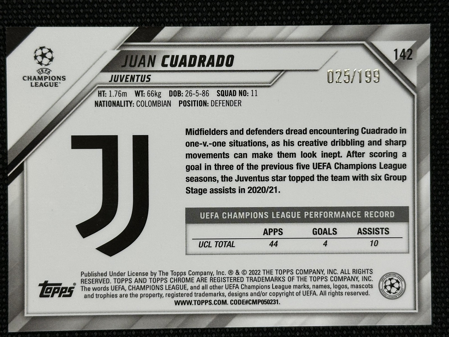 Juan Cuadrado /199 Topps Chrome Champions League 2021/22