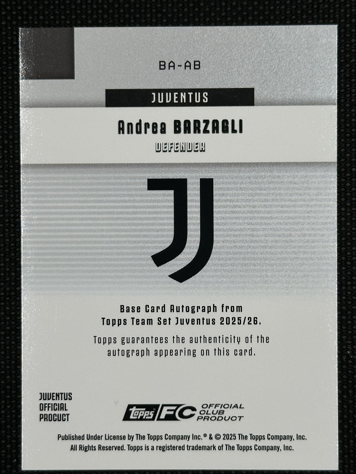 Andrea Barzagli Auto /25 Topps Team Set Juventus 2025/26