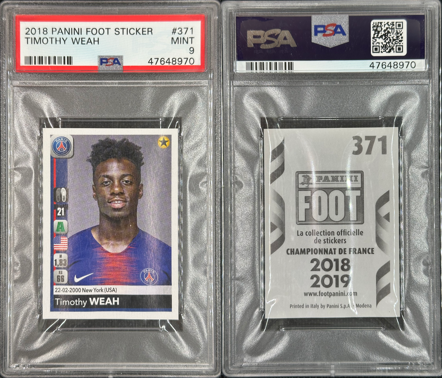 Timothy Weah 2018/19 Panini Foot Sticker PSA 9 MINT