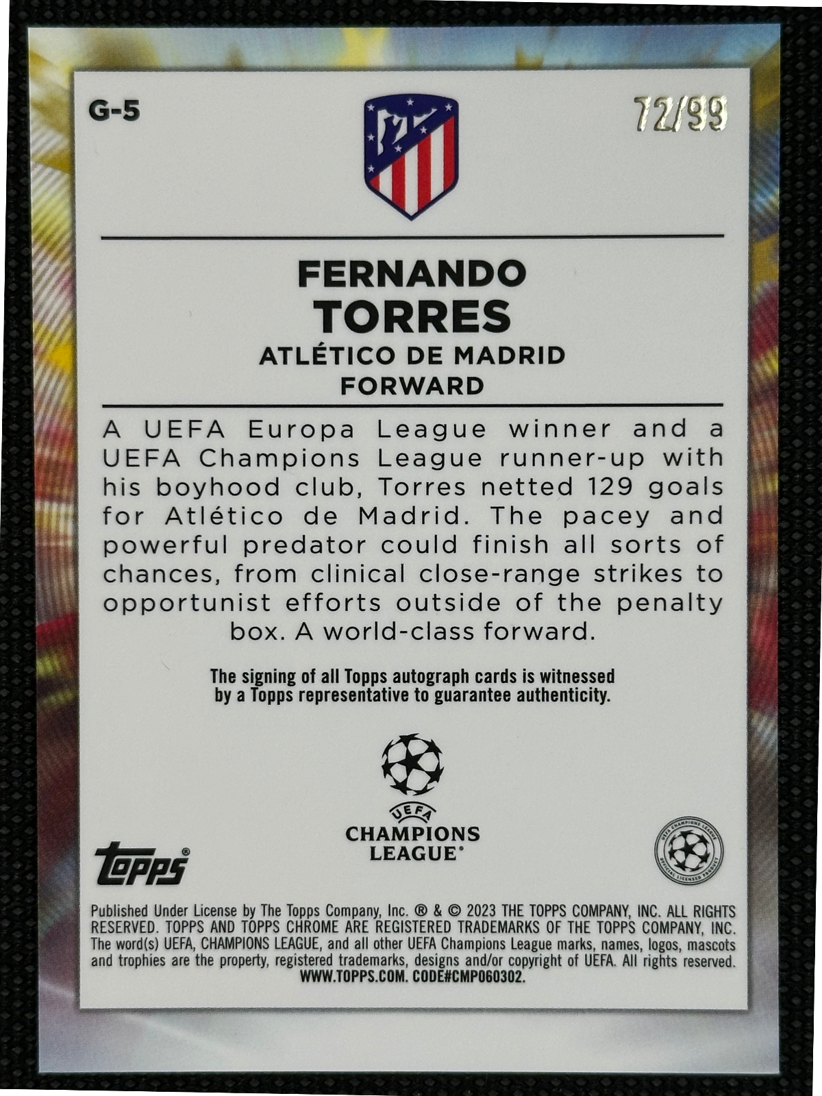 Fernando Torres Autograph /99 Topps Chrome UCL 2023 Golazo Atletico de Madrid