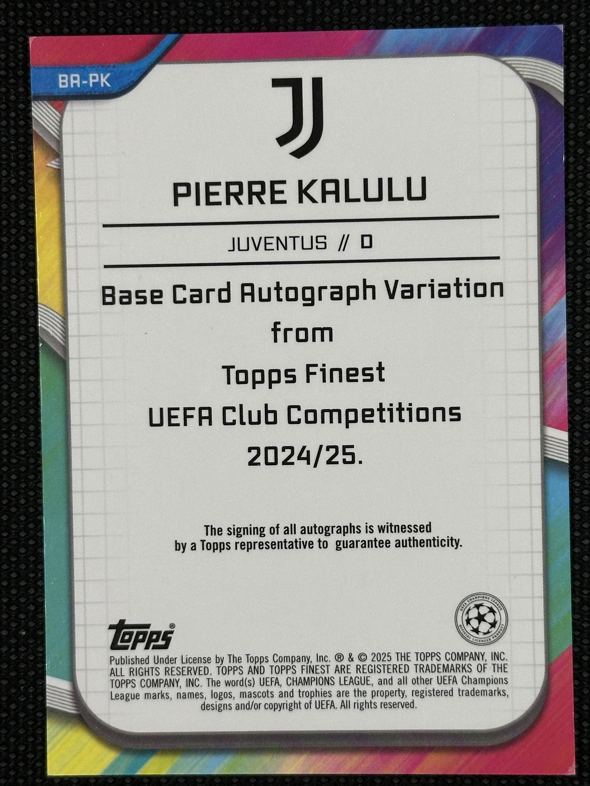 Pierre Kalulu 2024-25 Topps Finest UEFA /199 Auto Purple Shimmer #BA-PK