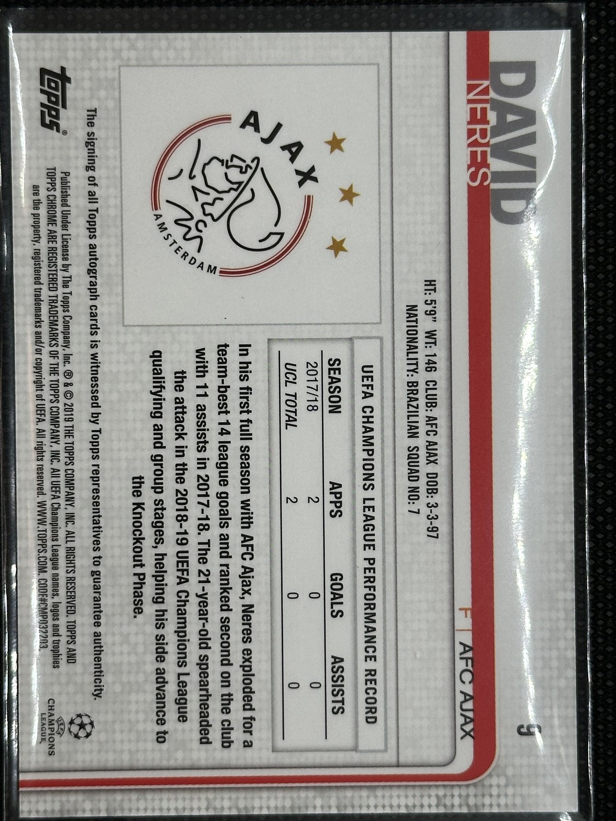 David Neres Autograph Topps Chrome UEFA Champions League 2019