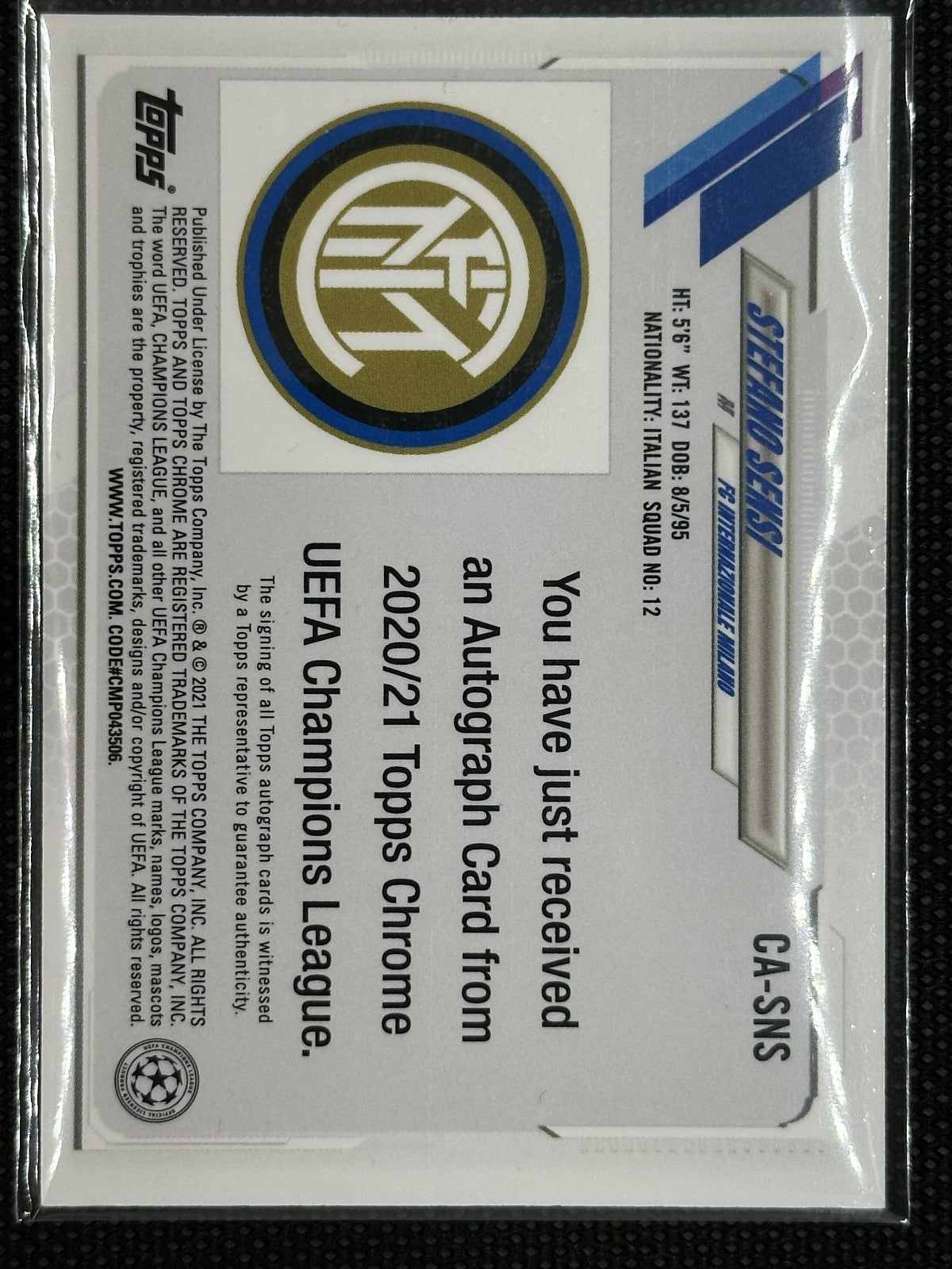 Stefano Sensi Autograph Topps Chrome UEFA Champions League 2020/21