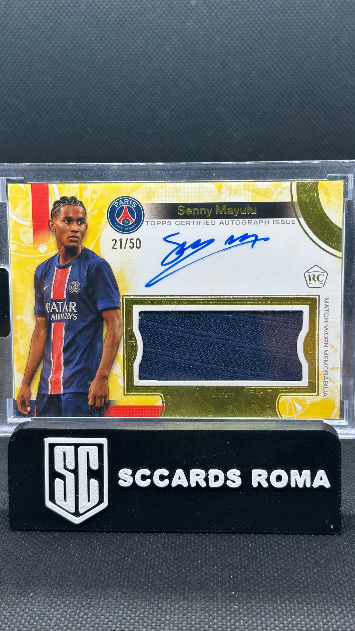 Senny Mayulu rookie on card auto relic gold /50 Topps PSG Exhibition 2024/25