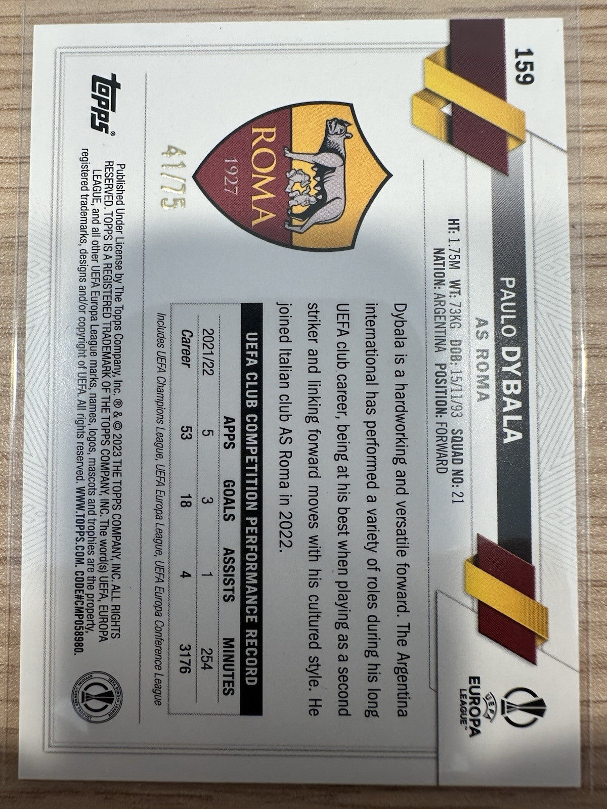 Paulo Dybala 41/75 Topps UEL 2023