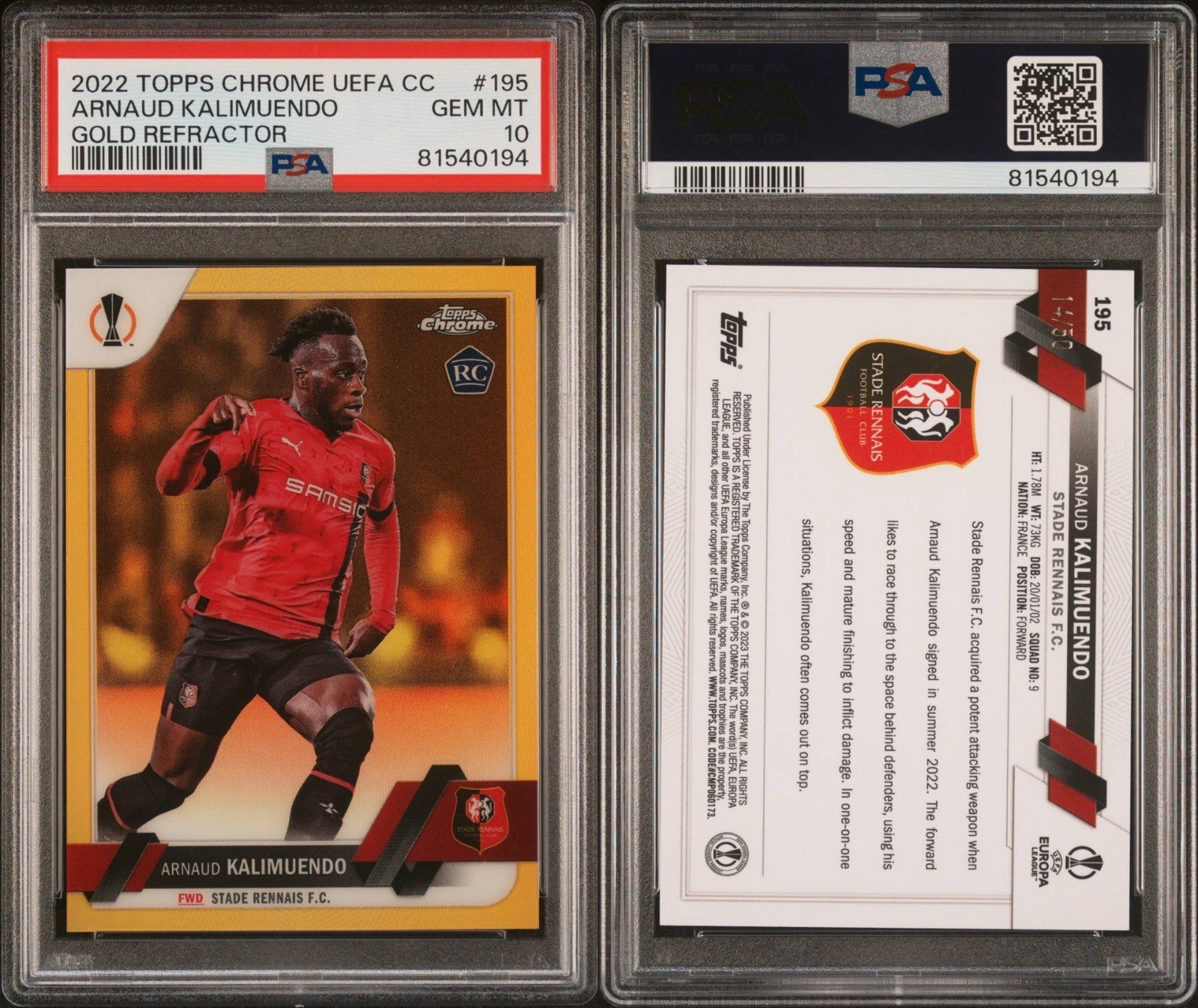 Arnaud Kalimuendo Rookie /50 Gold Refractor Topps Chrome UCC 2022 PSA 10 GEM MT