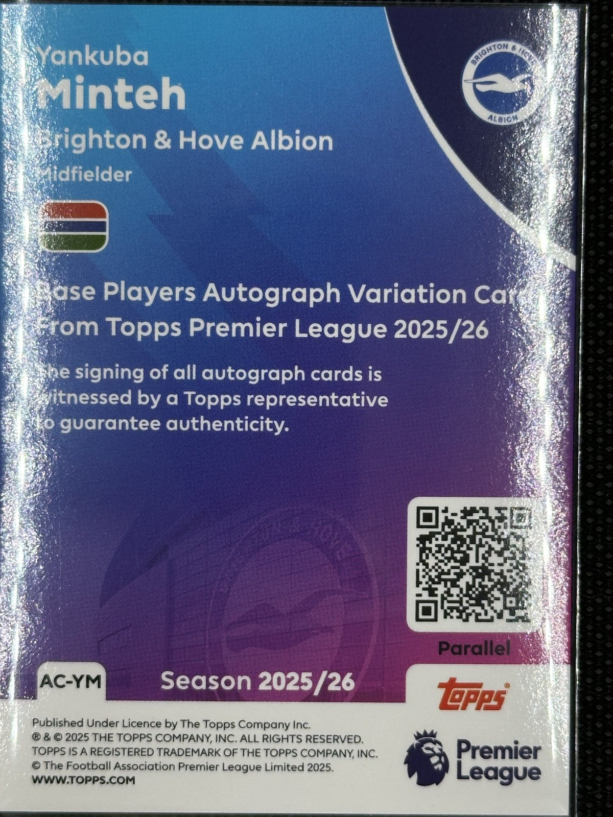 Yankuba Minteh Autograph /50 Topps Premier League 2026 Gold Sparkle