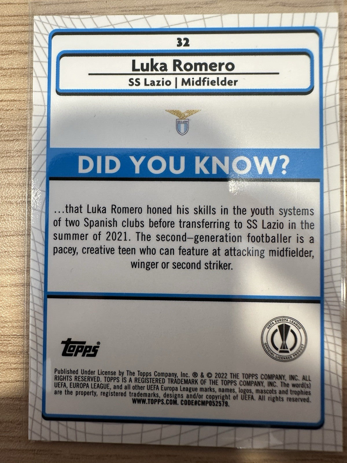 Luka Romero Rookie Aqua Refractor Topps Merlin UEL 2022