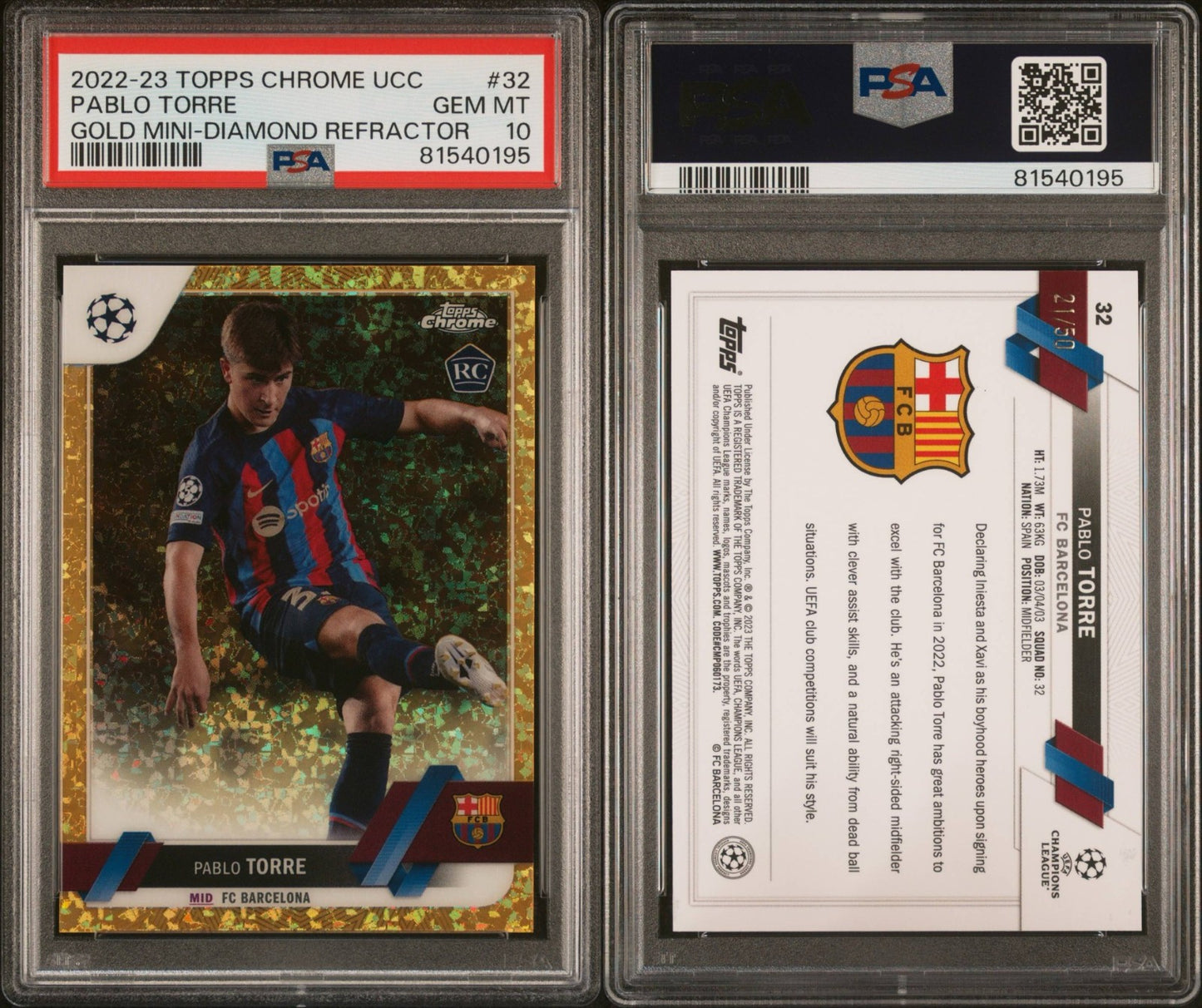 Pablo Torre Rookie Gold Mini-Diamond Refractor Topps Chrome UCC 2022/23 PSA 10
