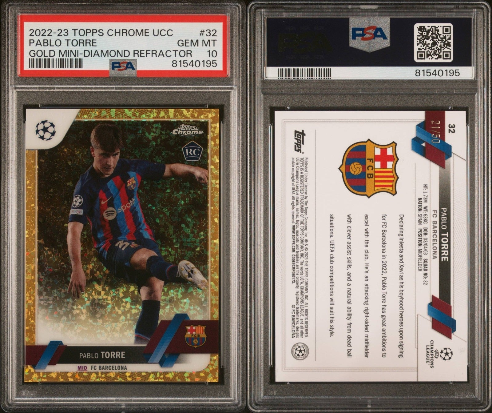 Pablo Torre Rookie Gold Mini-Diamond Refractor Topps Chrome UCC 2022/23 PSA 10