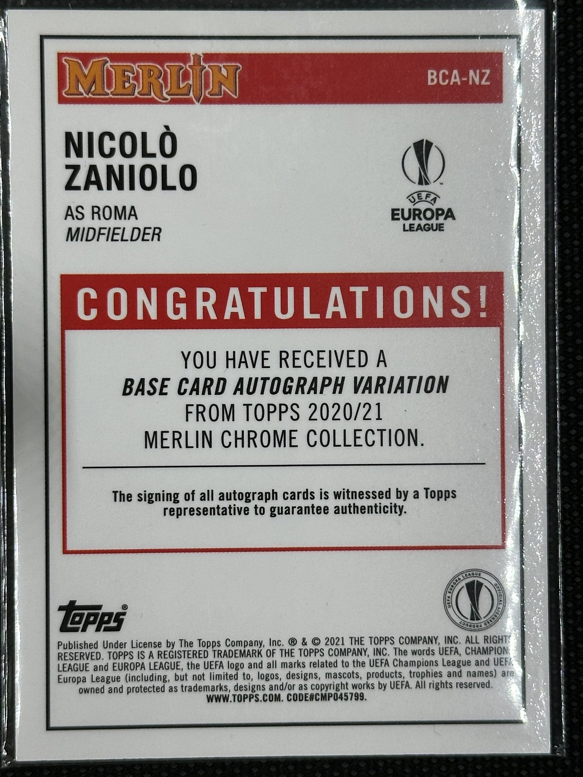 Nicolò Zaniolo Autograph Topps Merlin 2020/21 Europa League Roma