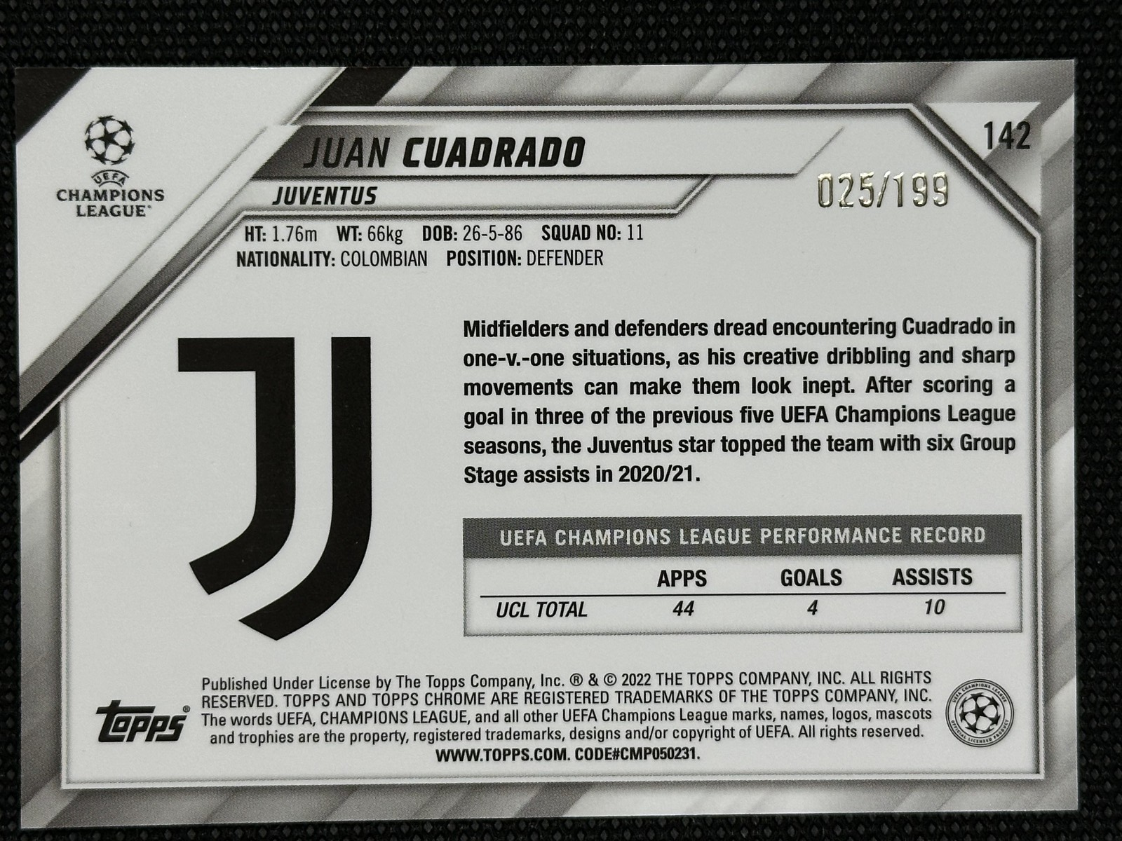 Juan Cuadrado /199 Topps Chrome Champions League 2021/22