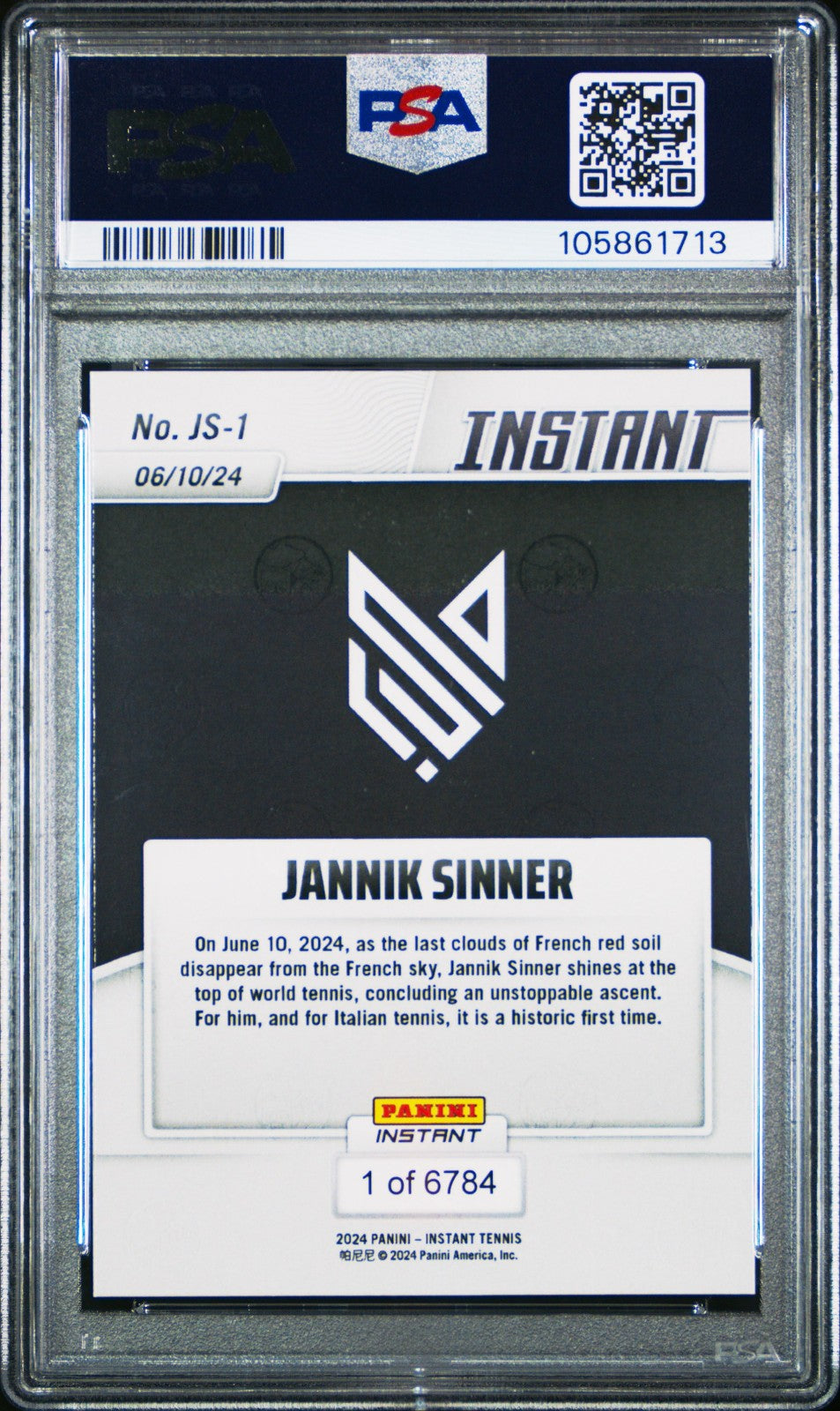 Jannik Sinner Rookie 2024 Panini Instant PSA 10 GEM MT