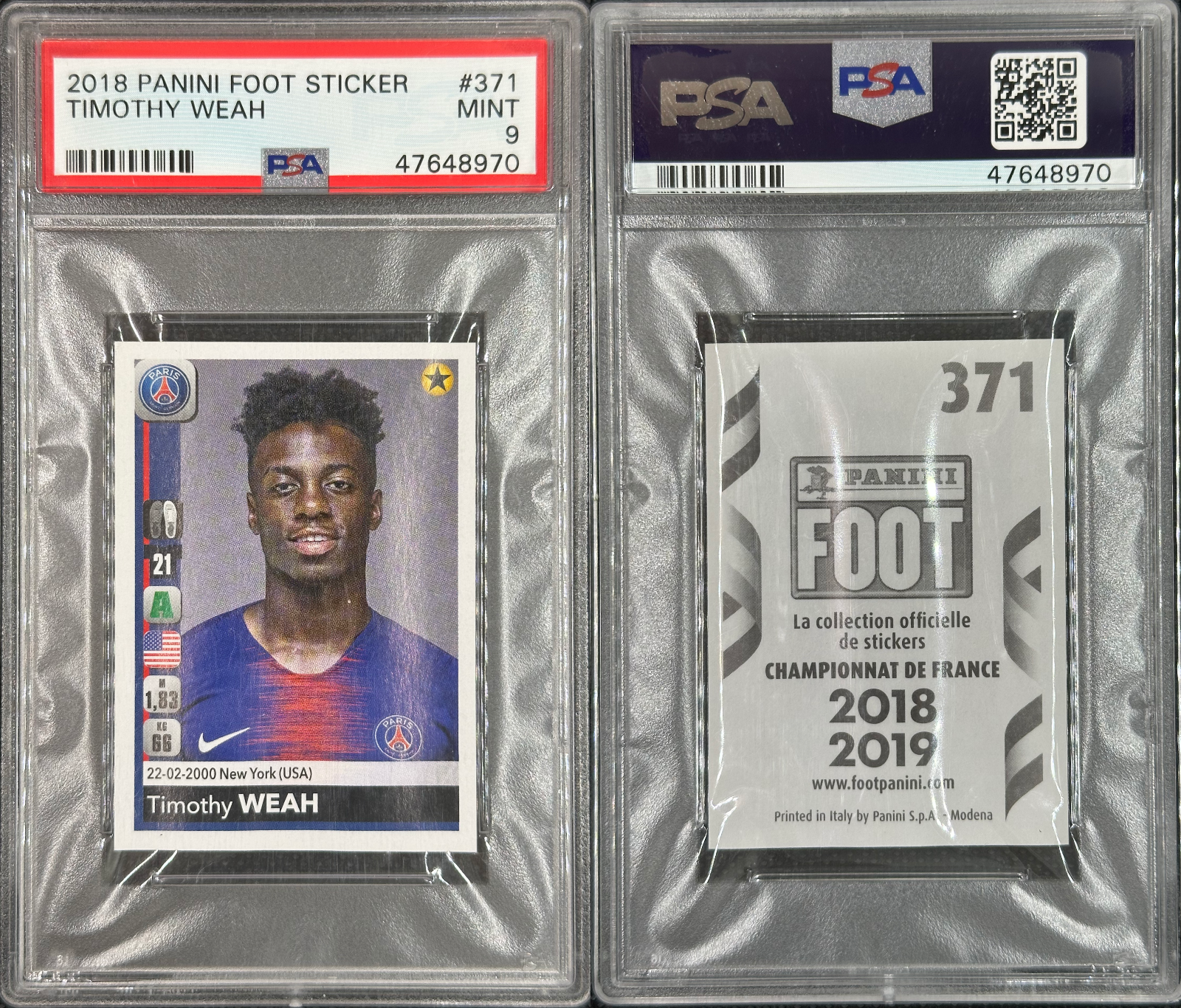 Timothy Weah 2018/19 Panini Foot Sticker PSA 9 MINT