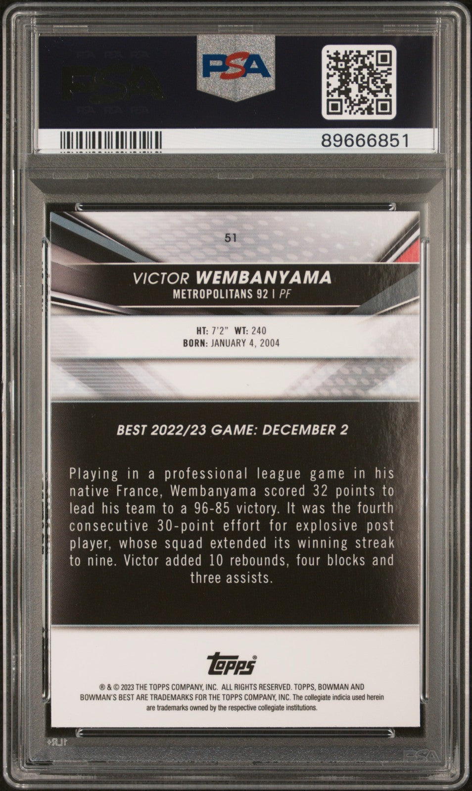 Victor Wembanyama Topps Bowman Metropolitans 2022/23 PSA 5 EX