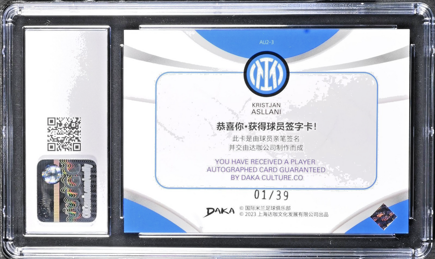 Kristjan Asllani Autograph /39 CGC 10 Gem Mint Daka F.C. Internazionale Milano