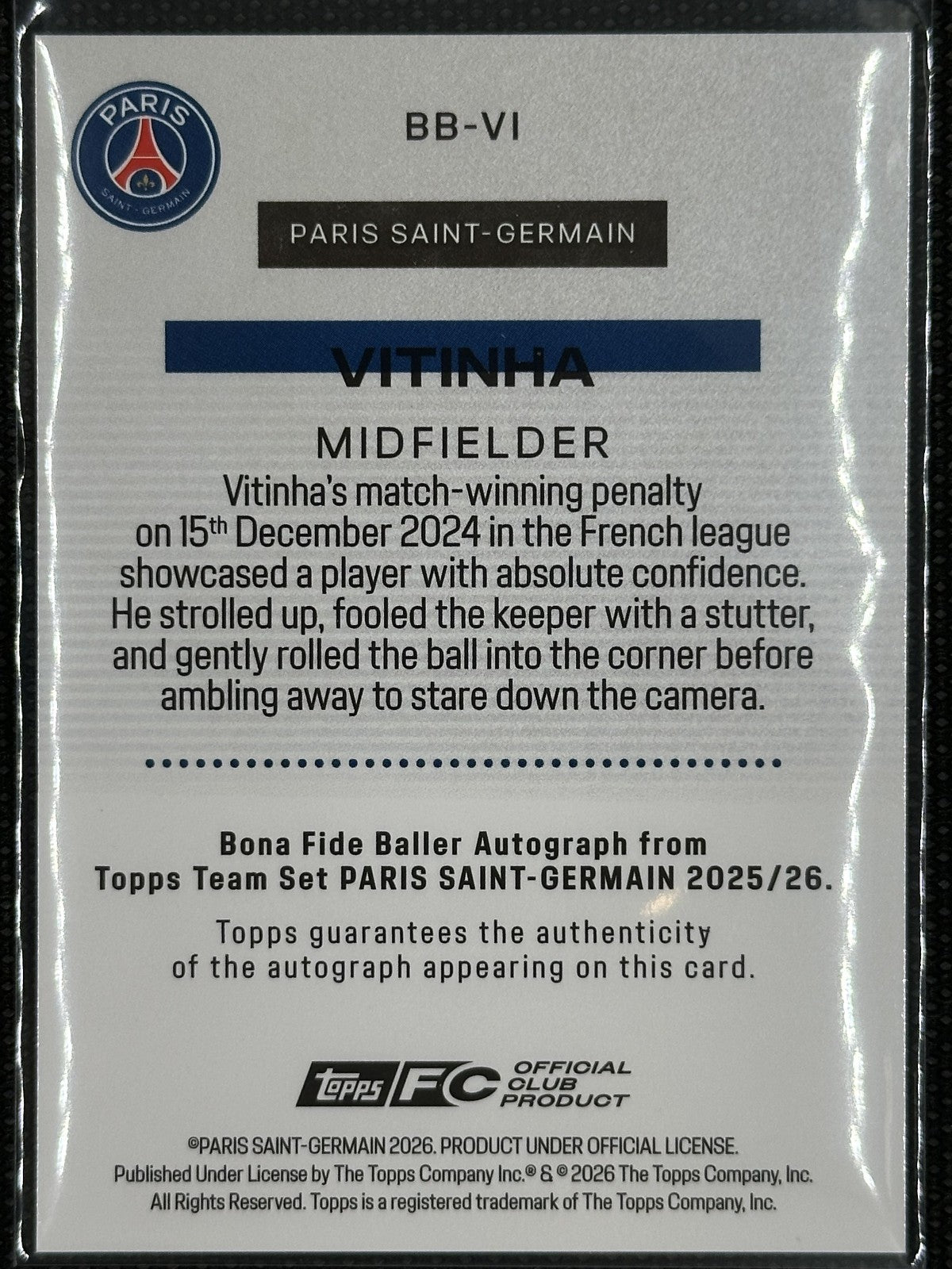 Vitinha Autograph /5 Bona Fide Baller Topps Team Set Paris Saint-Germain 2025/26