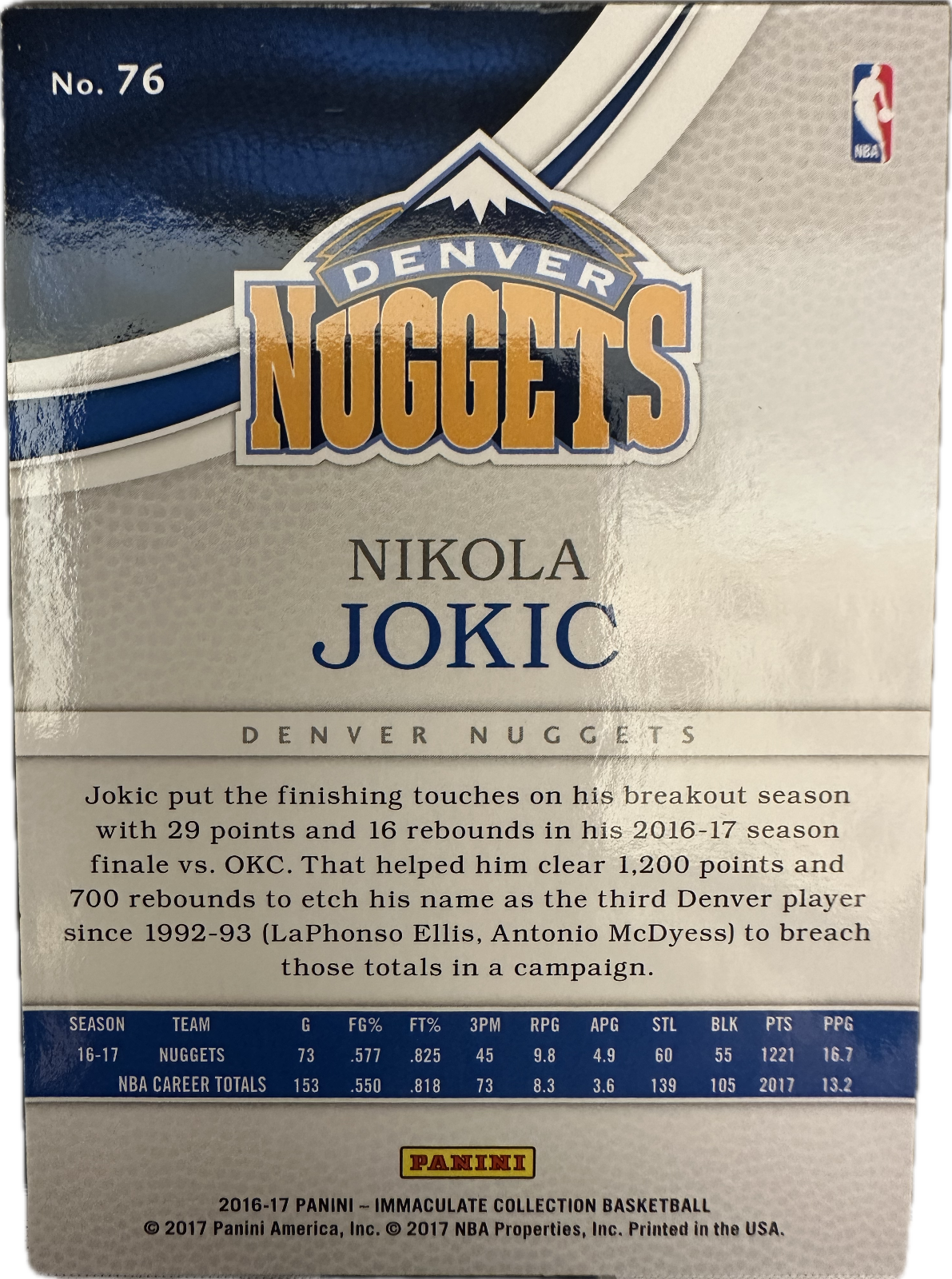 Nikola Jokic /99 Panini Immaculate Collection 2016-17