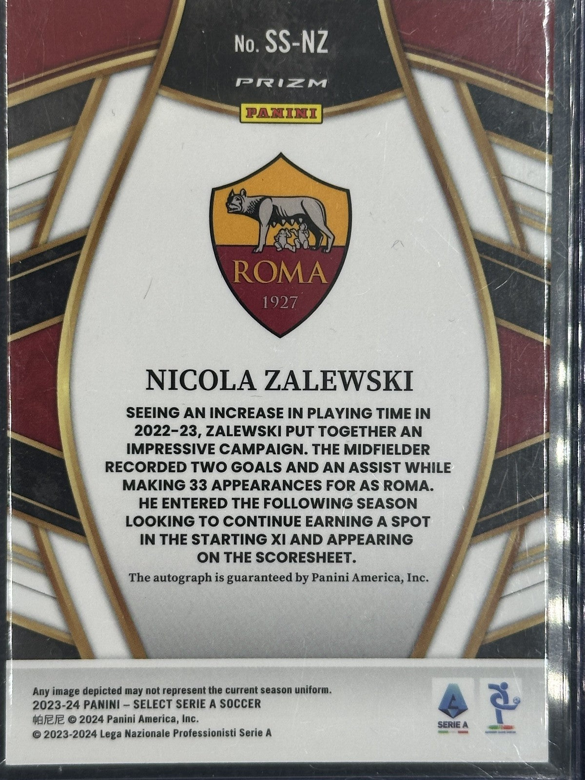 Nicola Zalewski Autograph AS Roma Panini Select Serie A 2023-24