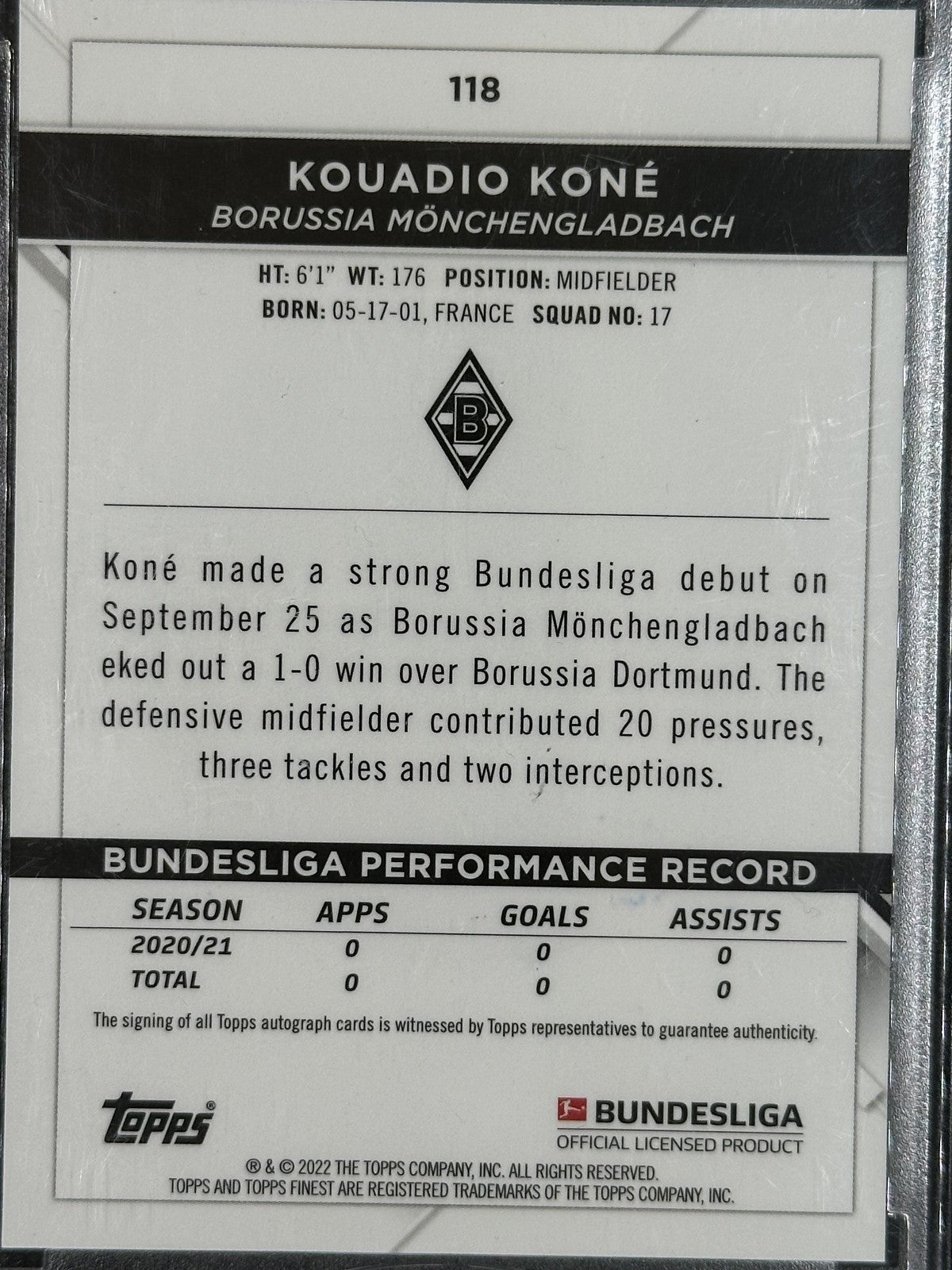 Kouadio (Manu) Koné Autograph Rookie Topps Finest Bundesliga 2022 AS Roma