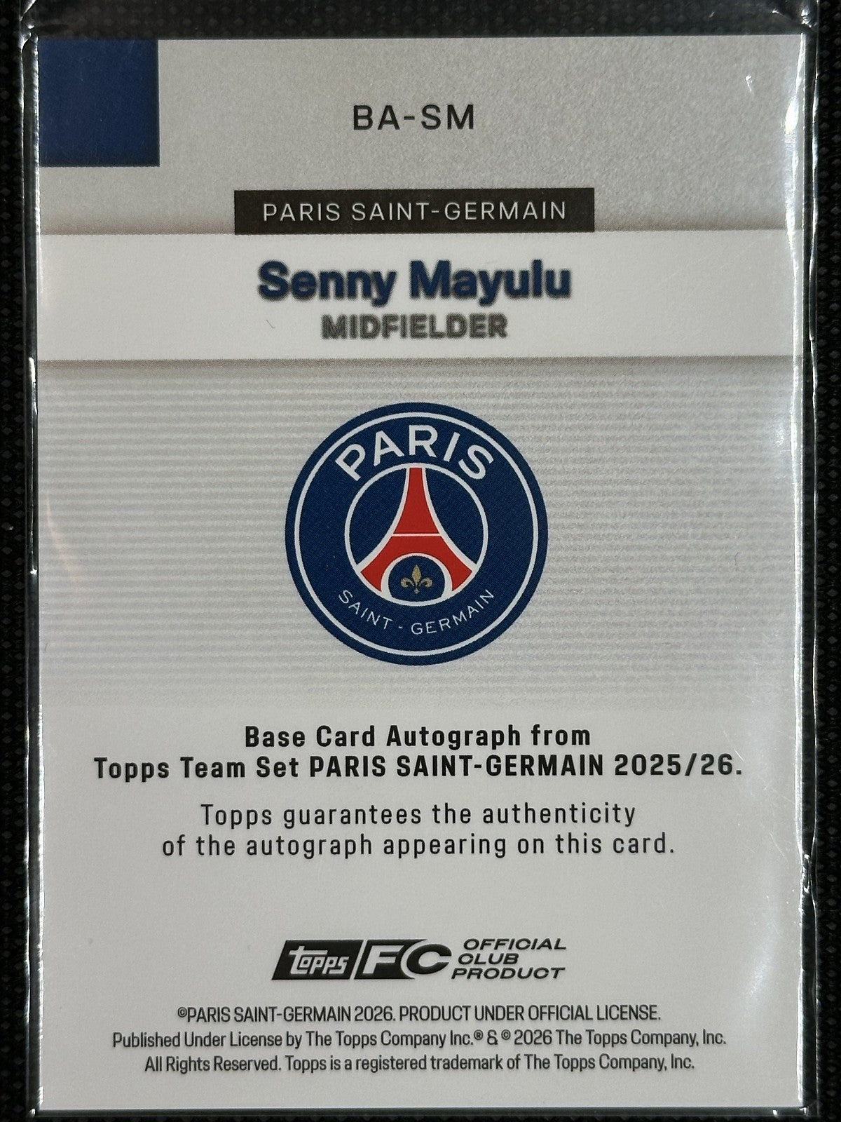 Senny Mayulu Autograph /50 Topps Team Set Paris Saint-Germain 2025/26