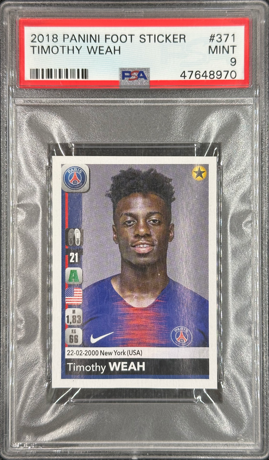 Timothy Weah 2018/19 Panini Foot Sticker PSA 9 MINT