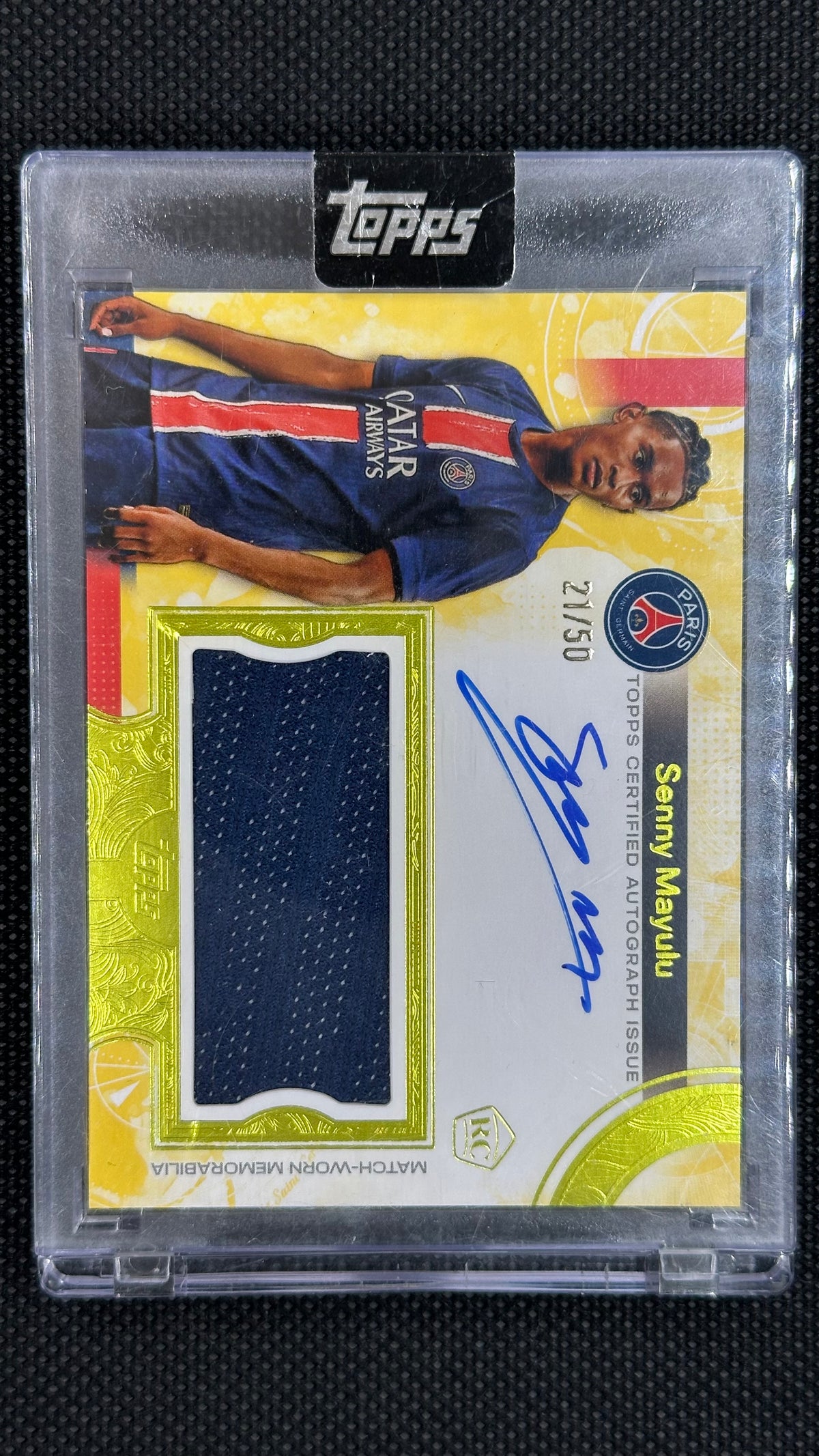Senny Mayulu rookie on card auto relic gold /50 Topps PSG Exhibition 2024/25